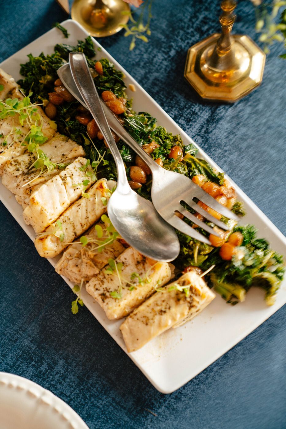 Family style platter on a blue tablecloth