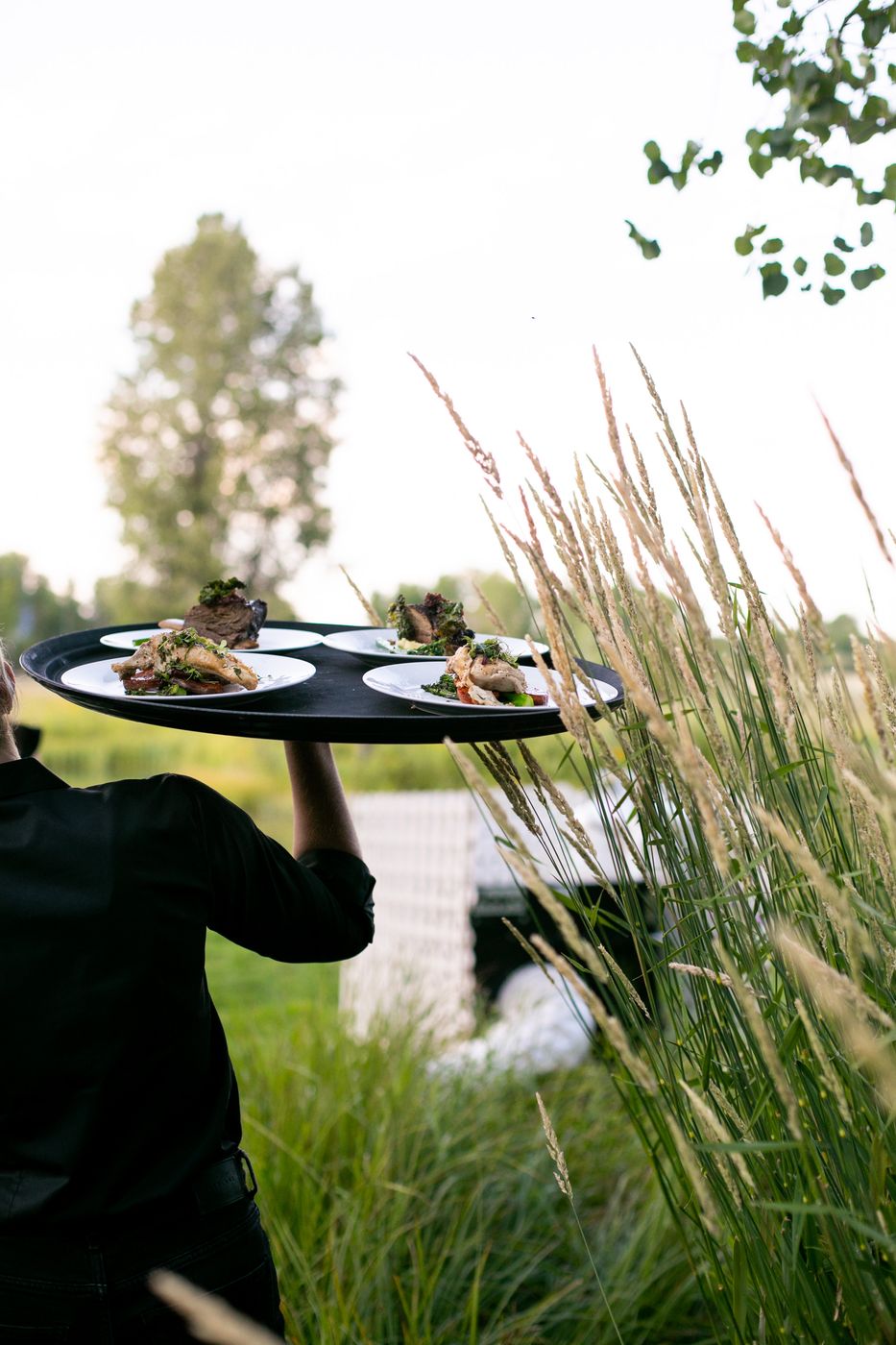 Server carrying a tray of plates through tall grass