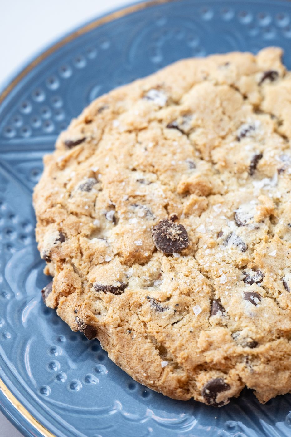 Chocolate chip cookie on a blue plate