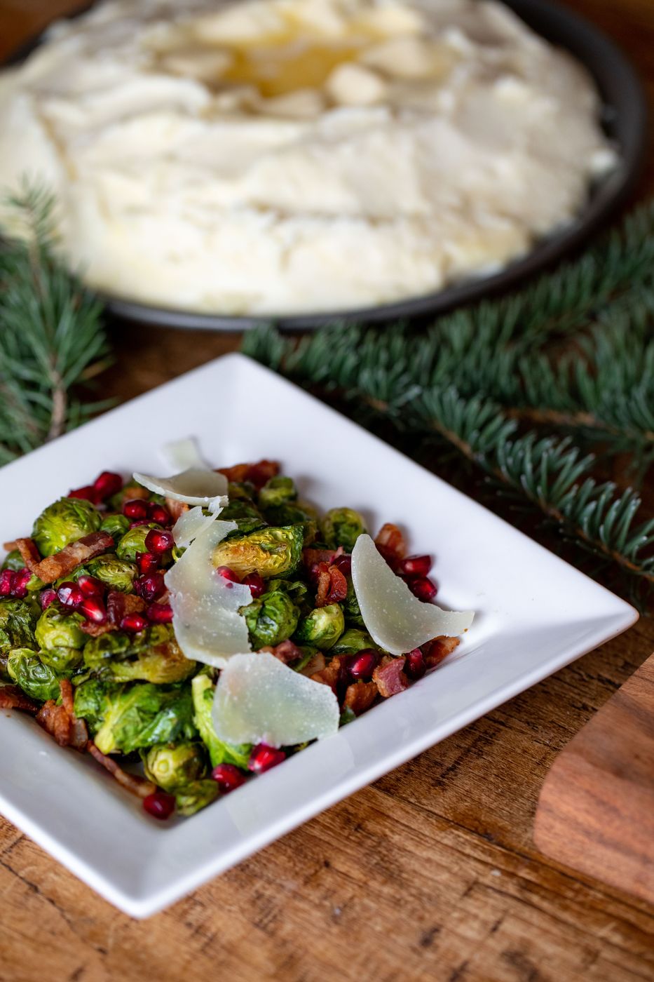 Mashed potatoes and brussels sprouts for a holiday dinner