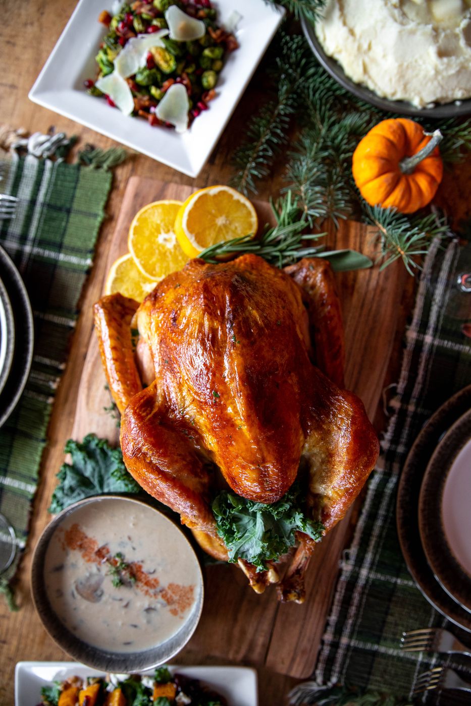 Roast turkey with holiday sides from above