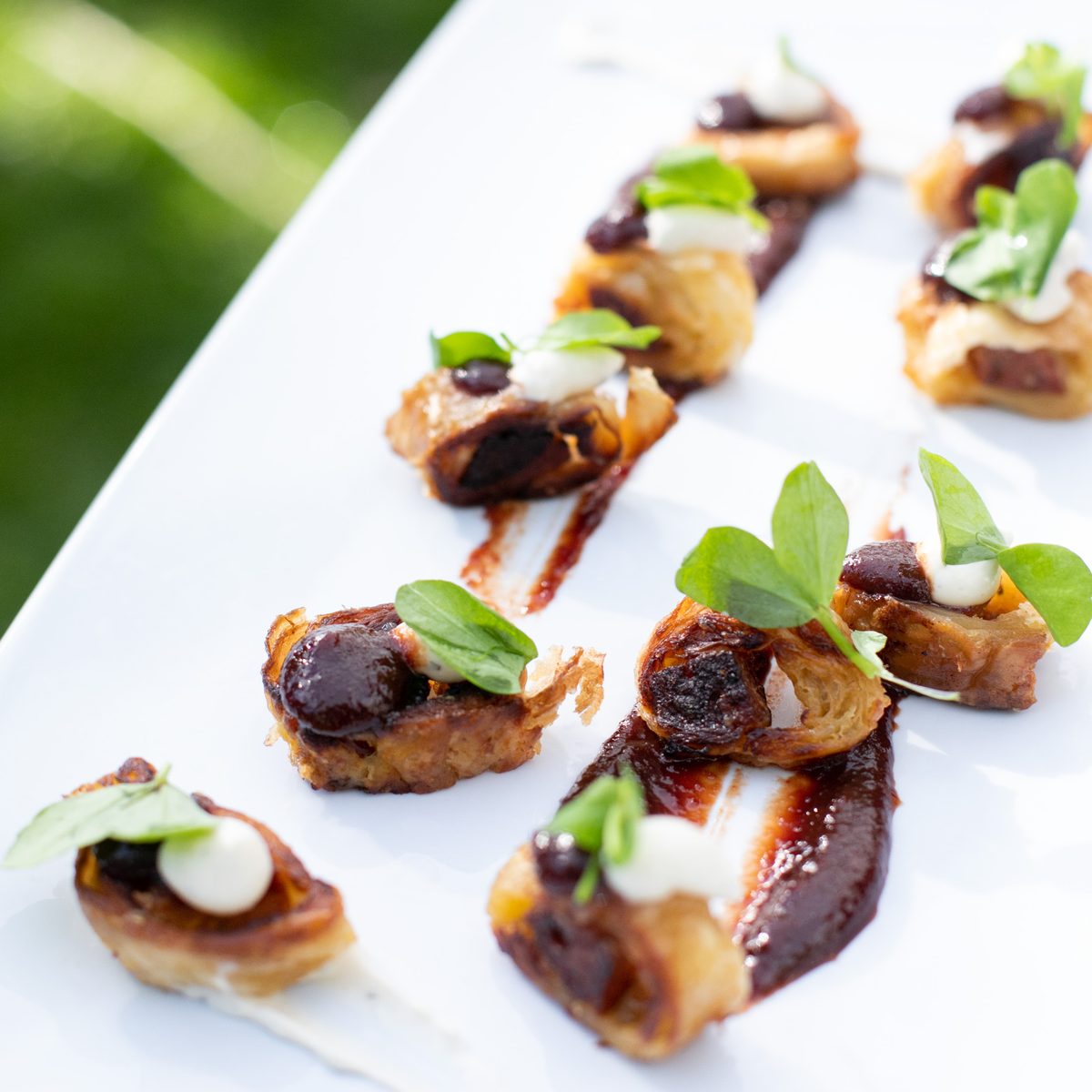 Plated appetizers with herbs lined up on a white table at an outdoor private party in Jackson Hole